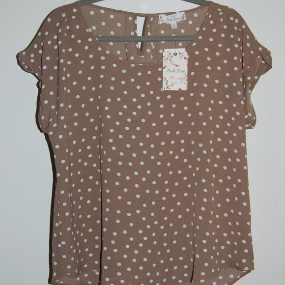 Pink Rose Tops - Tan, polka dot blouse